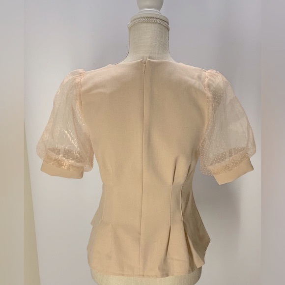 Oppane Peplum Top with Flocked Organza Puff Sleeves - Picture 3 of 12